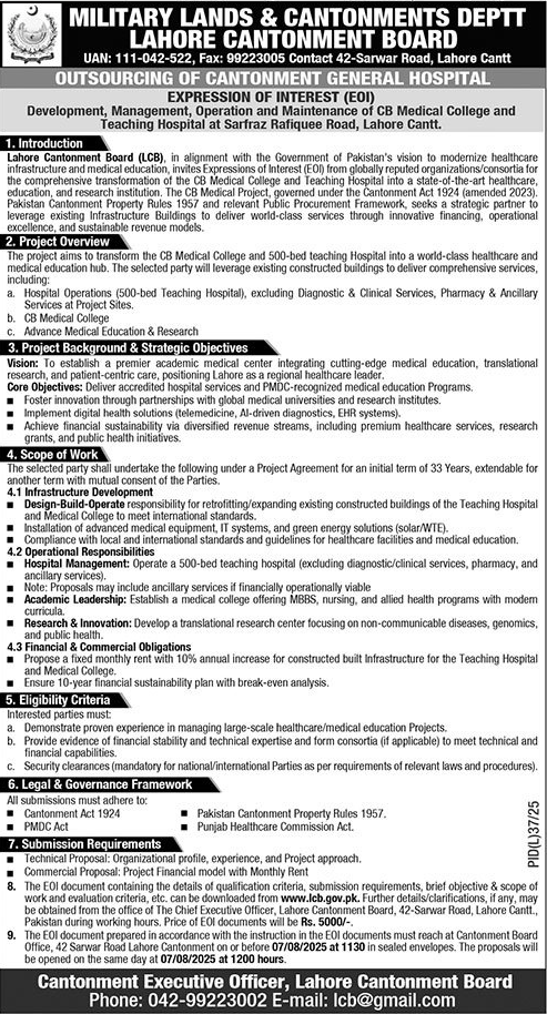 Military Lands & Cantonments Department Lahore Tender Notice